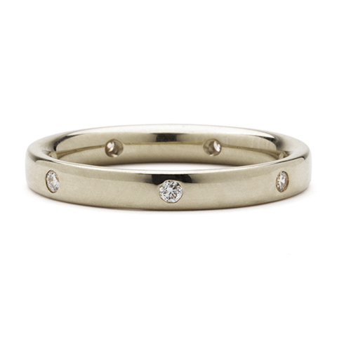 Flat Topped Comfort Fit Wedding Ring 3mm with 7 Gems in 18K White Gold