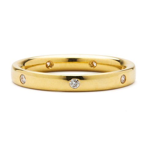 Flat Topped Comfort Fit Wedding Ring 3mm with 7 Gems in 18K Yellow Gold