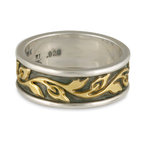 Narrow Bordered Flores Wedding Ring in 18K Yellow Gold Center Design & Sterling Silver Borders & Base