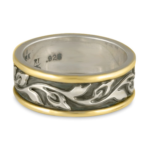 Narrow Bordered Flores Wedding Ring in 14K Yellow Gold Borders and Sterling Silver Base