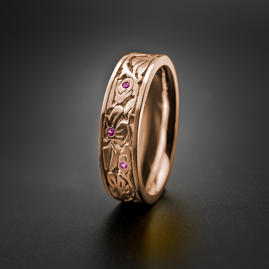 Narrow Cherry Blossom Wedding Ring with Gems in 18K Rose Gold