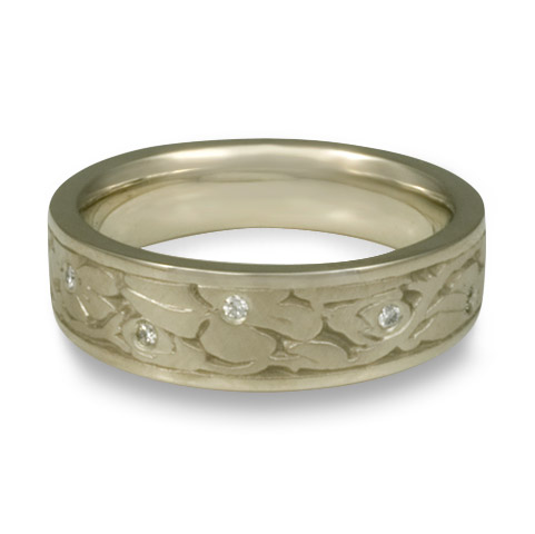 Narrow Cherry Blossom Wedding Ring with Gems in 18K White Gold