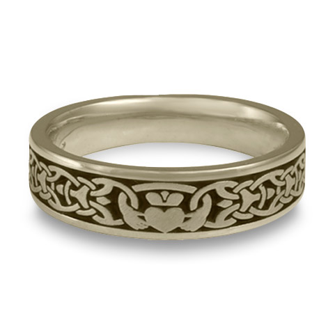 Narrow Claddagh Wedding Ring in 18K White Gold With Antique