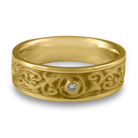 Narrow Garden Gate Wedding Ring with Gems in 18K Yellow Gold