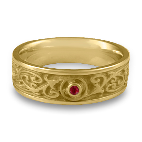 Narrow Garden Gate Wedding Ring with Gems in Yellow Gold With Ruby