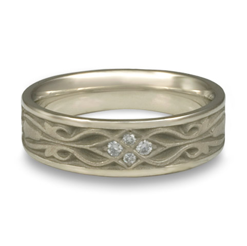 Narrow Tulip Braid Wedding Ring with Gems in 14K White Gold