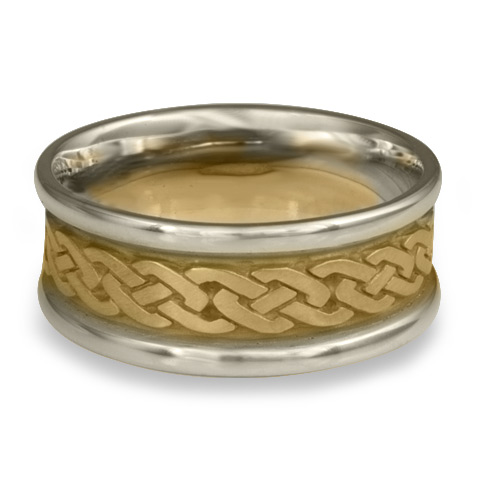 Narrow Two Tone Celtic Link Wedding Ring in 14K Gold White  Borders/Yellow Center Design