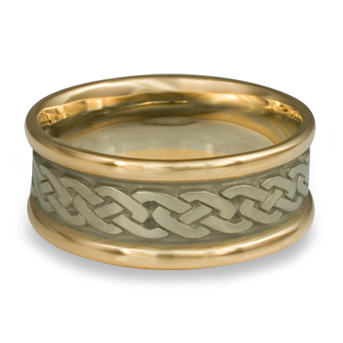 Narrow Two Tone Celtic Link Wedding Ring in 14K Gold Yellow Borders/White Center Design