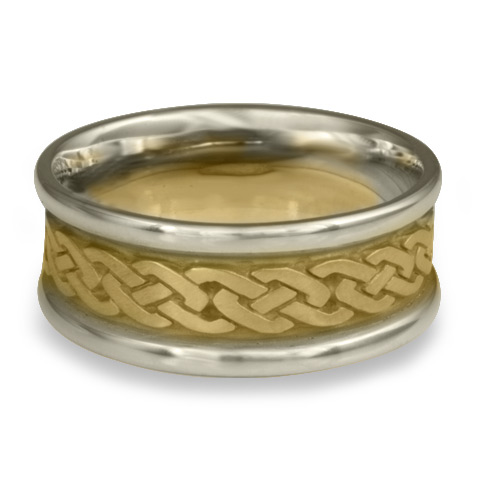 Narrow Two Tone Celtic Link Wedding Ring in 18K Gold White  Borders/Yellow Center Design