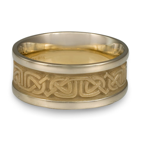 Narrow Two Tone Labyrinth Wedding Ring in 14K Gold White  Borders/Yellow Center Design