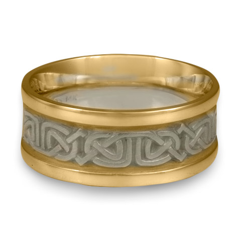 Narrow Two Tone Labyrinth Wedding Ring in 14K Gold Yellow Borders/White Center Design