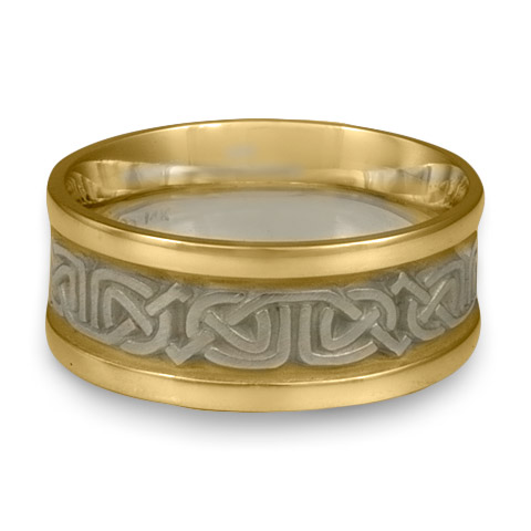 Narrow Two Tone Labyrinth Wedding Ring in 18K Gold Yellow Borders/White Center Design