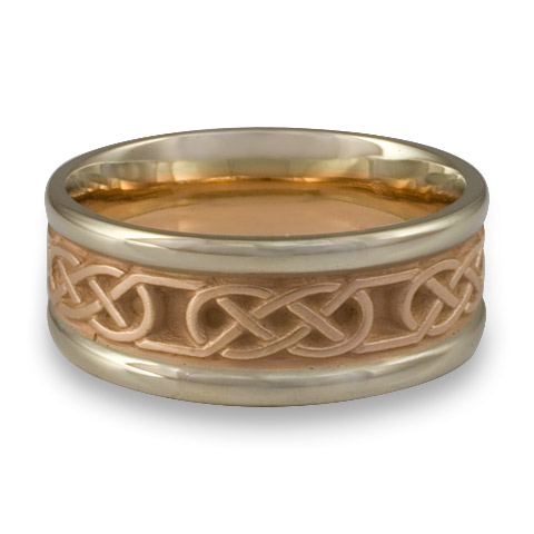 Narrow Two Tone Love Knot Wedding Ring in 18K Gold White Borders/Rose Center Design