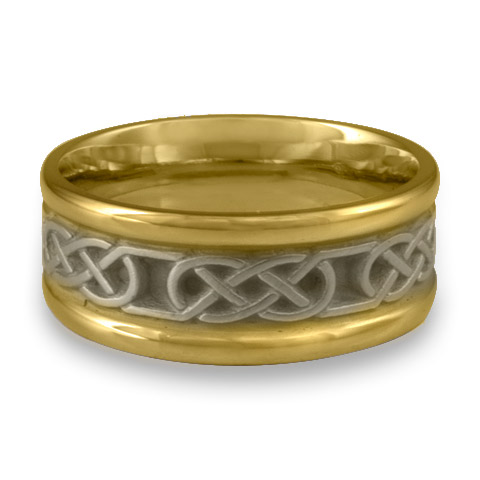 Narrow Two Tone Love Knot Wedding Ring in 18K Gold Yellow Borders/White Center Design
