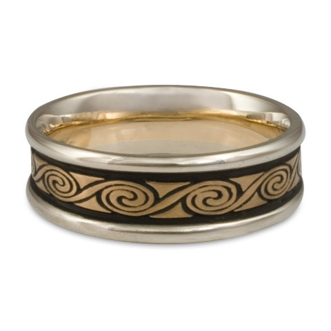 Narrow Two Tone Rolling Moon Wedding Ring in 14K Gold White  Borders/Yellow Center Design