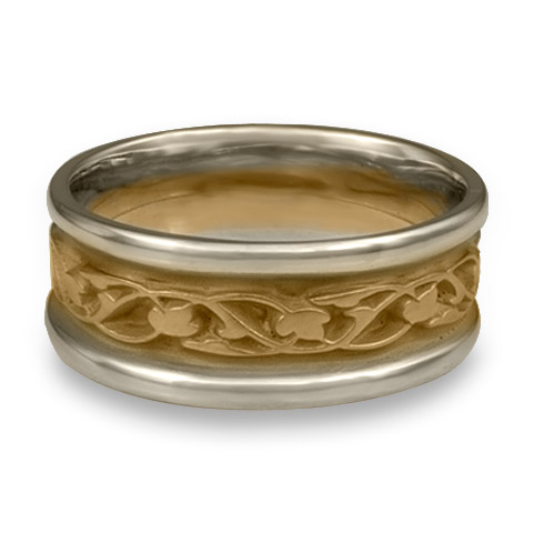 Narrow Two Tone Tulips and Vines Wedding Ring in 14K Gold White  Borders/Yellow Center Design