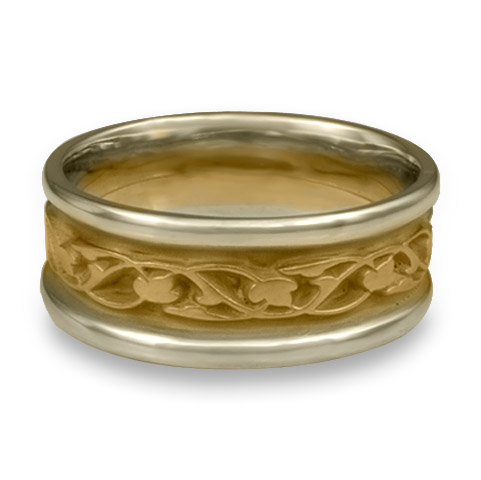 Narrow Two Tone Tulips and Vines Wedding Ring in 18K Gold White  Borders/Yellow Center Design
