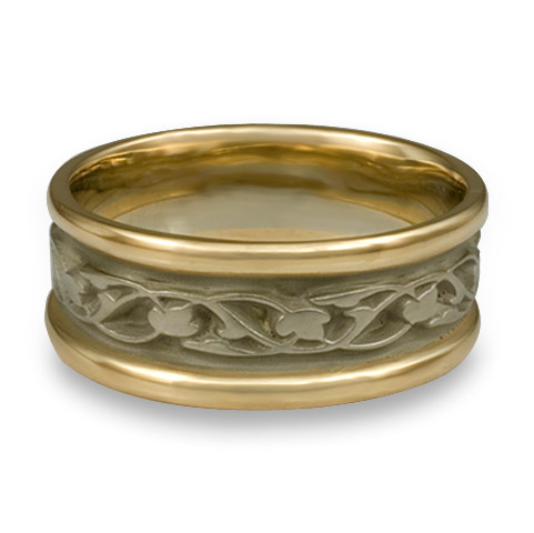 Narrow Two Tone Tulips and Vines Wedding Ring in 18K Gold Yellow Borders/White Center Design