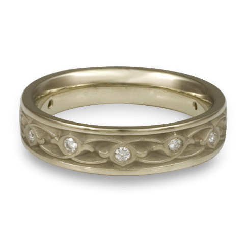 Narrow Water Lilies Wedding Ring with Gems in 18K White Gold