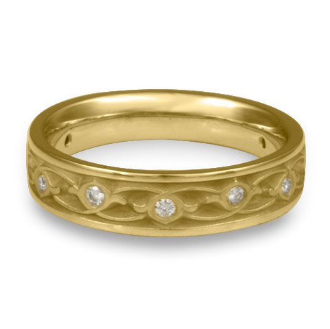 Narrow Water Lilies Wedding Ring with Gems in 18K Yellow Gold