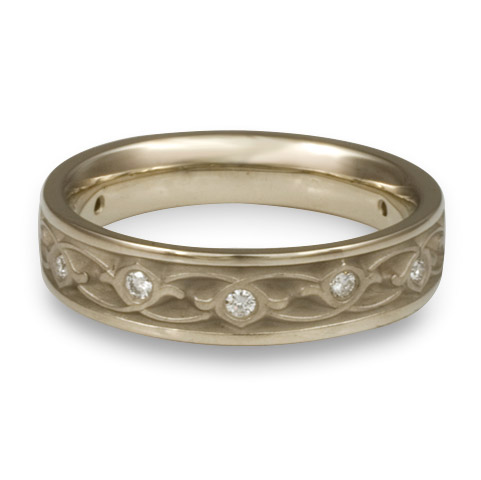 Narrow Water Lilies Wedding Ring with Gems in 14K White Gold