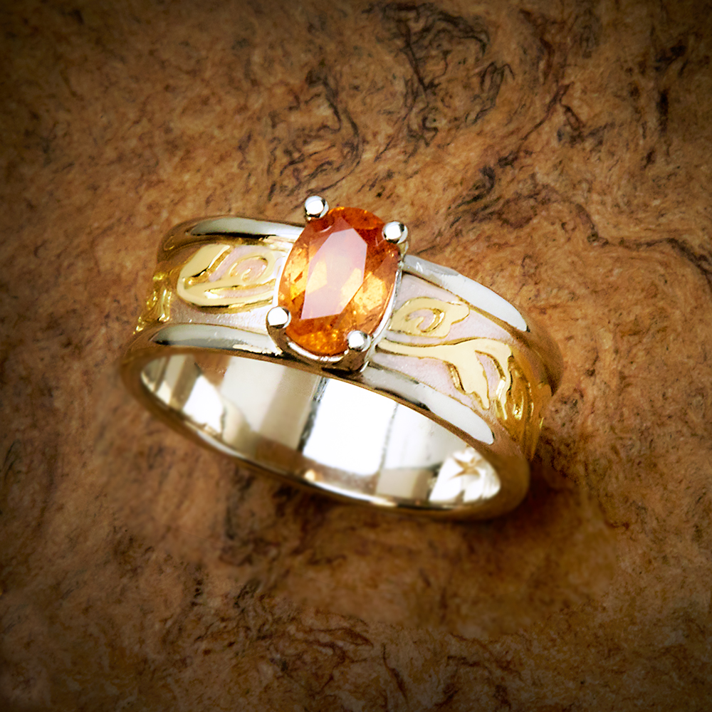 One-of-a-Kind Bordered Flores Ring with Spessartine Garnet in