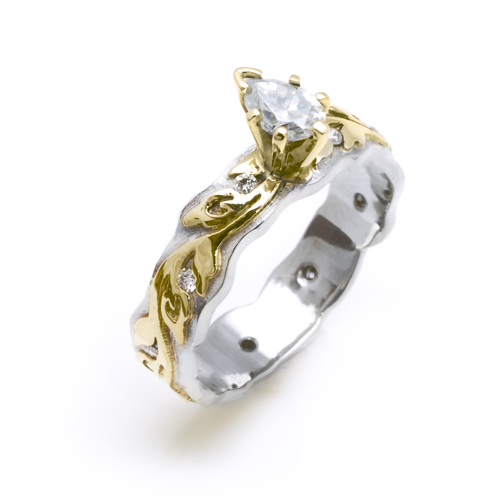 One-of-a-Kind Narrow Borderless Flores Engagement Ring with Pear Moissanite in