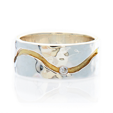 River Wedding Ring 10mm Hammered with Gems in Diamonds, Sterling Silver & 18K Yellow Gold
