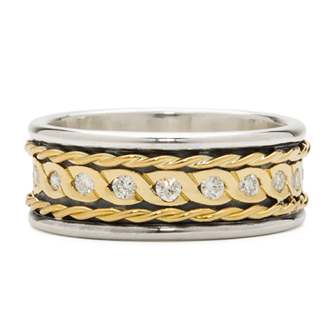 Rope Twist Wedding Ring in Sterling Silver Borders & Base w/ 18K Yellow Gold Center & 2mm Lab Diamonds