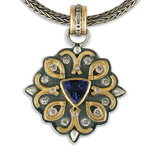 Sapphire and Diamond Pendant in 14K White Gold Base with 18K Yellow Gold Accents