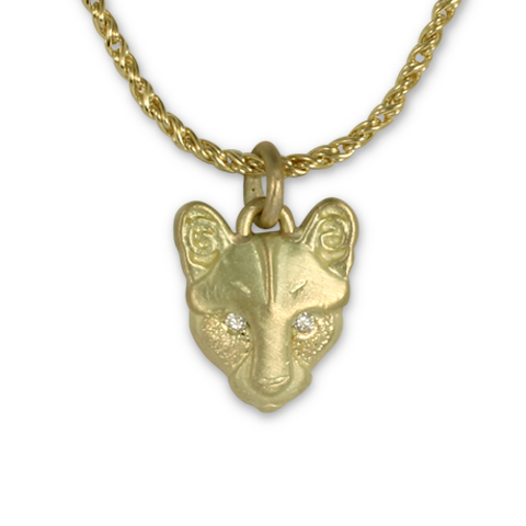 Solid Gold Small Mountain Lion Pendant with Diamond Eyes in