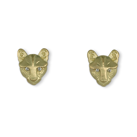Solid Gold Small Mountain Lion Stud Earrings with Diamond Eyes in