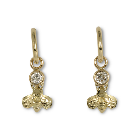 Solid Gold Spiral Bee Earrings with Diamond in
