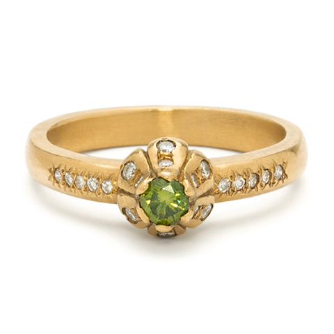 Tulip Engagement Ring in 14K Yellow Gold with Green Diamond