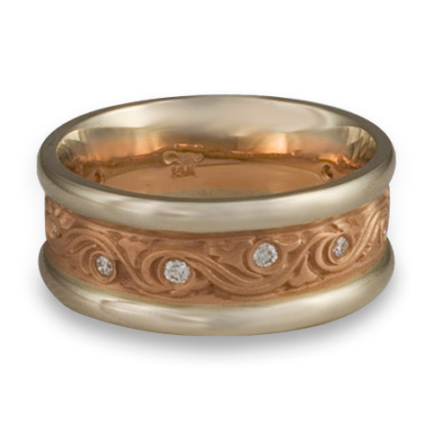 Two Tone Wind and Waves Wedding Ring With Gems in 14K Gold White  Borders/Red Center Design