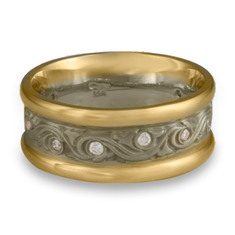 Two Tone Wind and Waves Wedding Ring With Gems in 14K Gold Yellow Borders/White Center Design