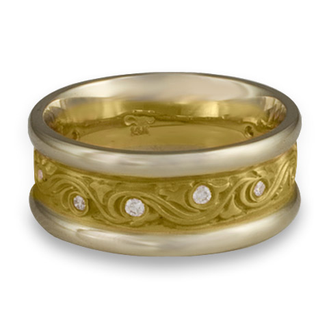 Two Tone Wind and Waves Wedding Ring With Gems in 18K Gold White  Borders/Yellow Center Design