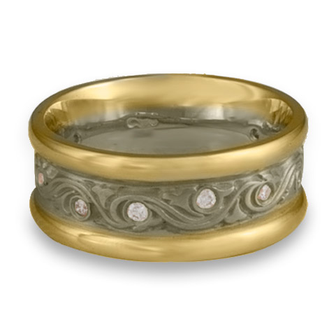 Two Tone Wind and Waves Wedding Ring With Gems in 18K Gold Yellow Borders/White Center Design