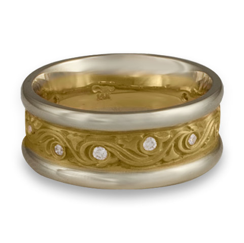 Two Tone Wind and Waves Wedding Ring With Gems in 14K Gold White  Borders/Yellow Center Design