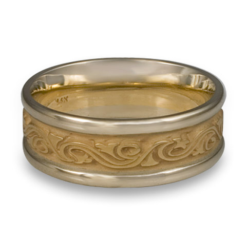 Two Tone Wind and Waves Wedding Ring in 14K Gold White  Borders/Yellow Center Design