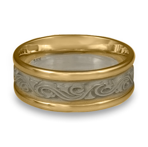 Two Tone Wind and Waves Wedding Ring in 14K Gold Yellow Borders/White Center Design
