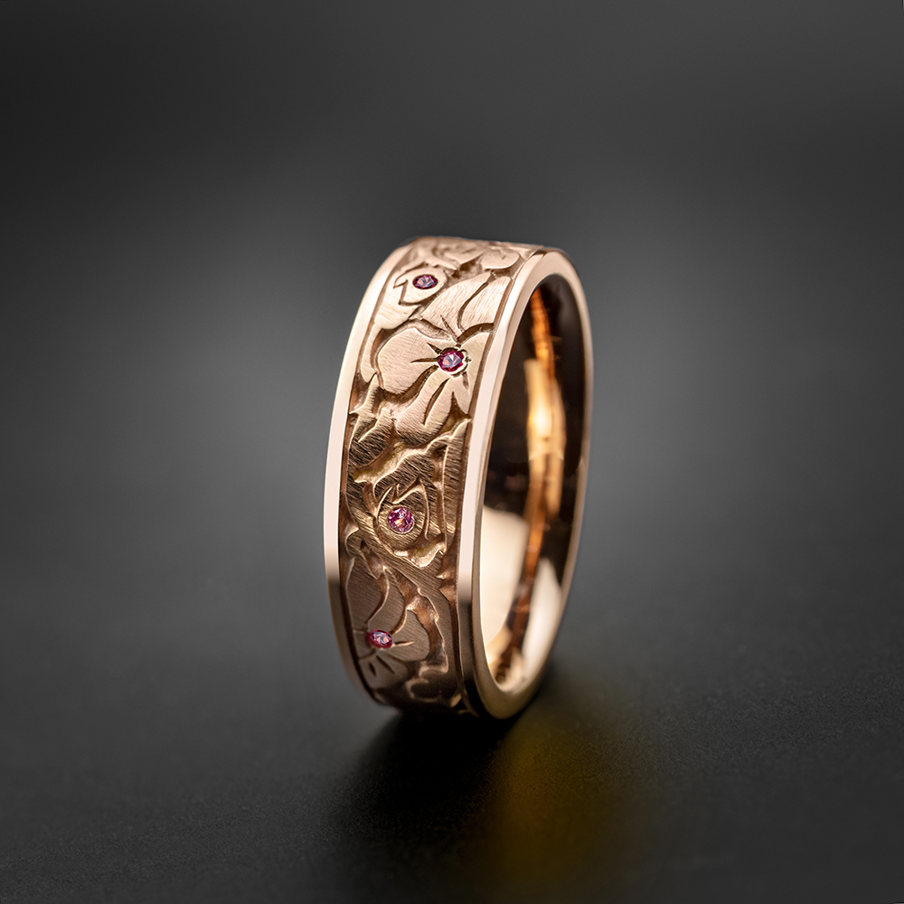 Wide Cherry Blossom Wedding Ring with Gems in