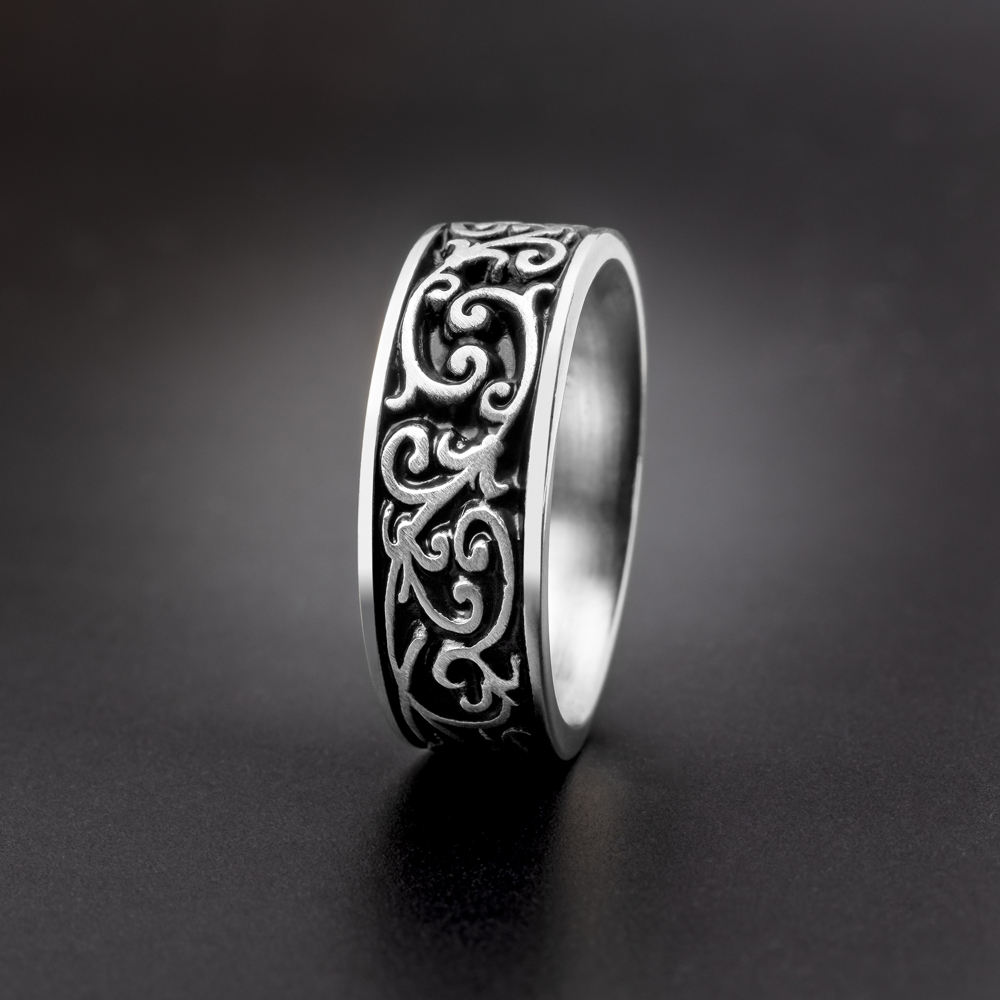 Wide Continuous Garden Gate Wedding Ring in 18K White Gold Antiqued