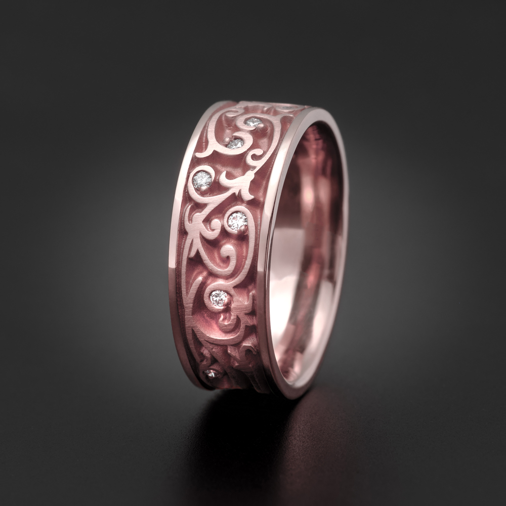 Wide Continuous Garden Gate Wedding Ring with Gems in 18K Rose Gold