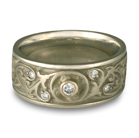 Wide Garden Gate Wedding Ring with Gems in 14K White Gold