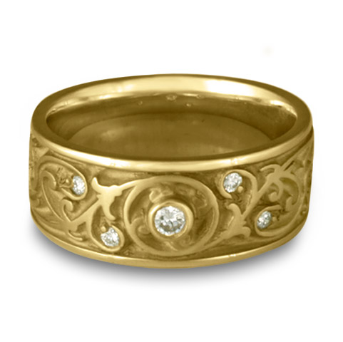 Wide Garden Gate Wedding Ring with Gems in 18K Yellow Gold