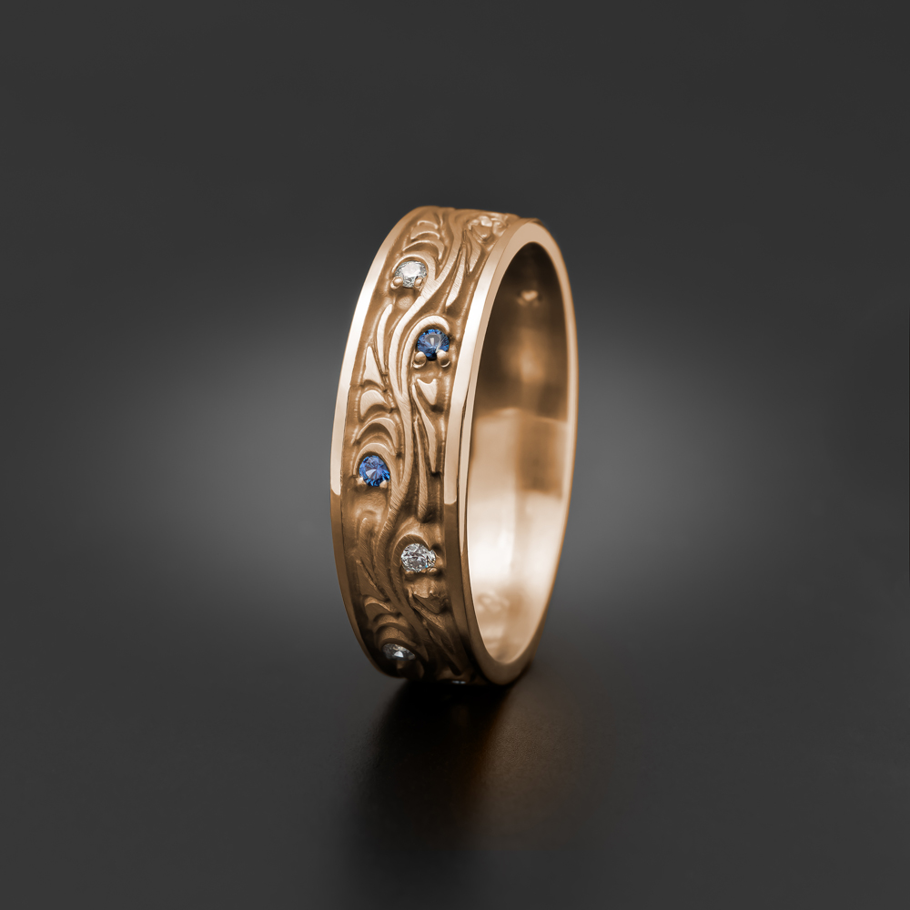 Wide Starry Night Wedding Ring with Gems in