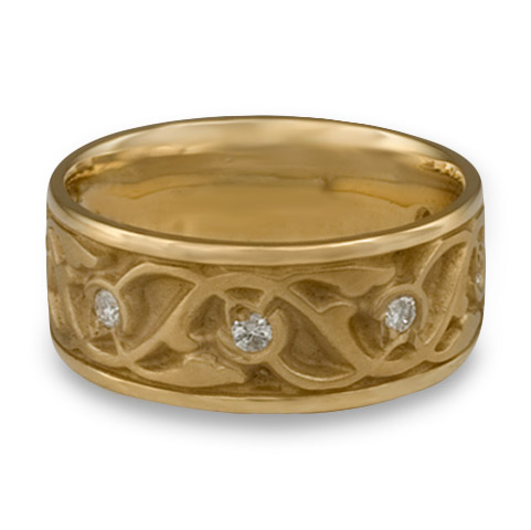Wide Tulips and Vines Wedding Ring with Gems in 14K Yellow Gold