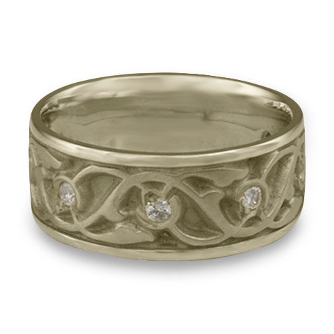 Wide Tulips and Vines Wedding Ring with Gems in 18K White Gold