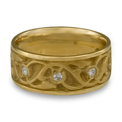 Wide Tulips and Vines Wedding Ring with Gems in 18K Yellow Gold